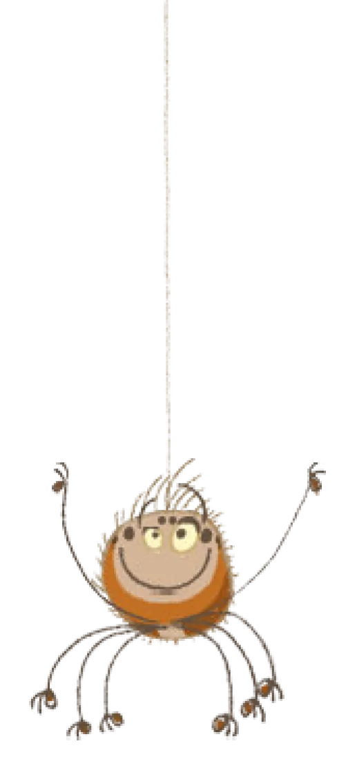 A smiling spider hanging beside the title