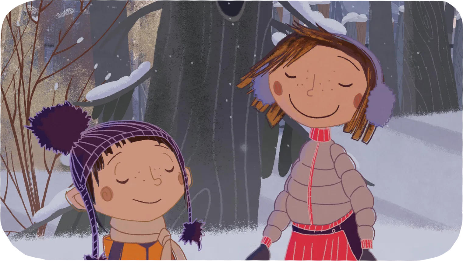Two friends in a snowy forest