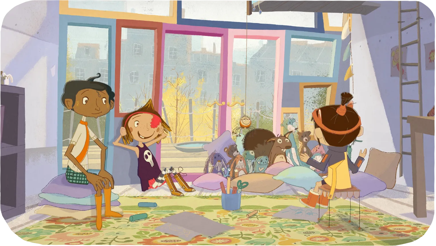 The friends together in a colorful indoor den