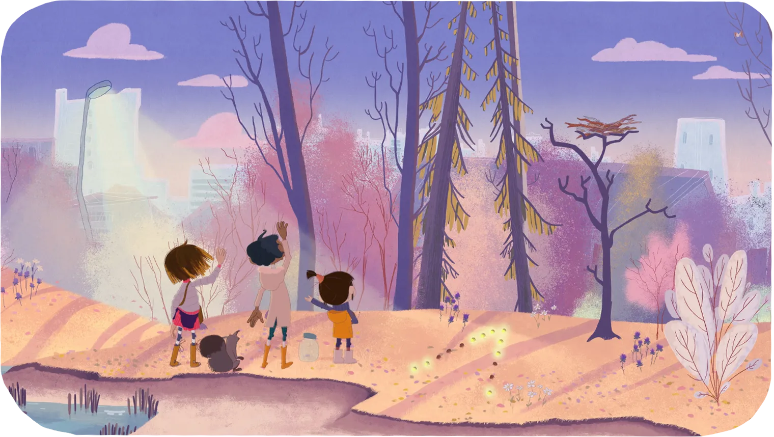 Friends watching a sunset in the woods