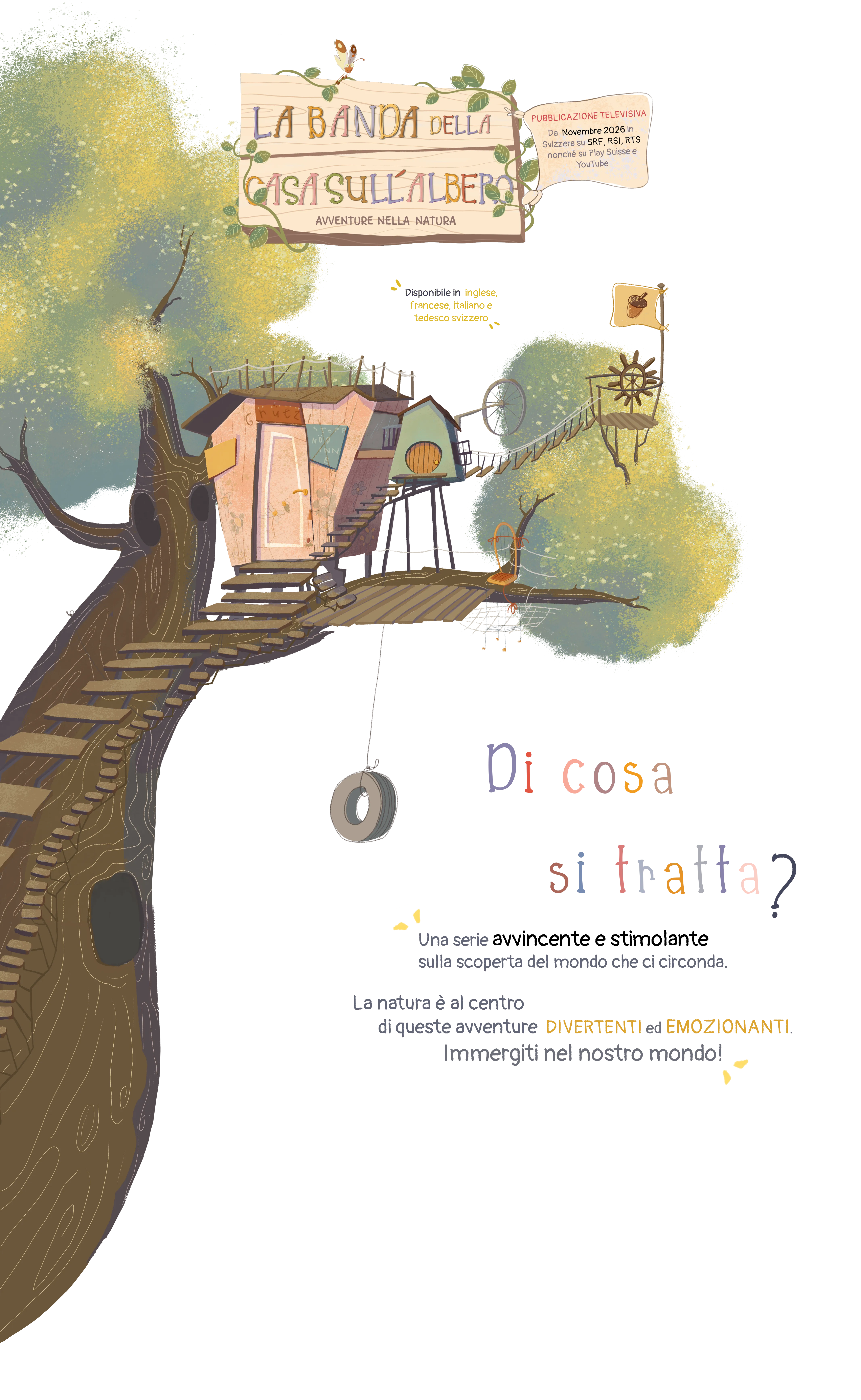 Logo Treehouse Friends, nota TV e sinossi della serie accanto alla casa sull'albero.