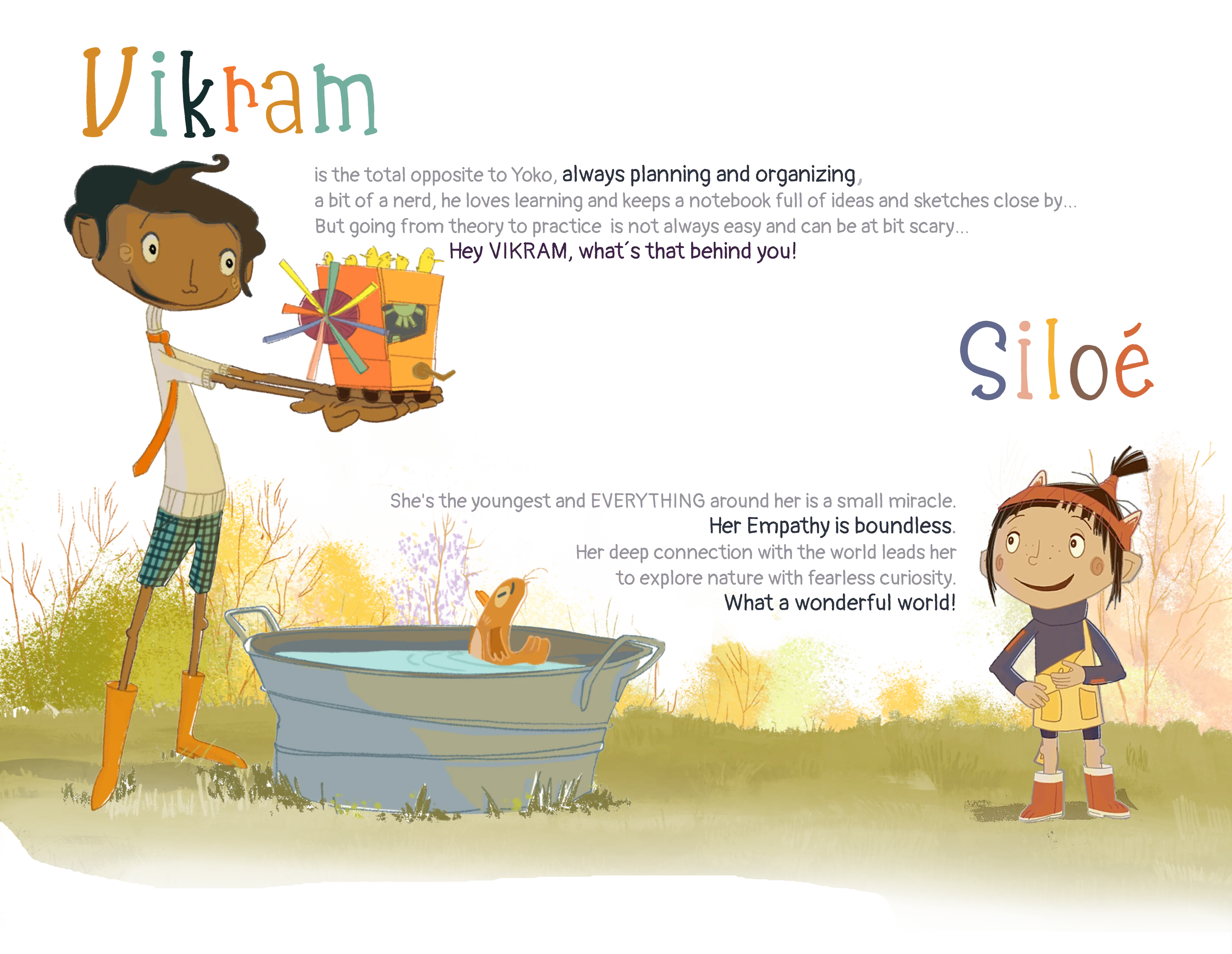 Vikram holds a homemade toy beside a tub while Siloé stands in the meadow.