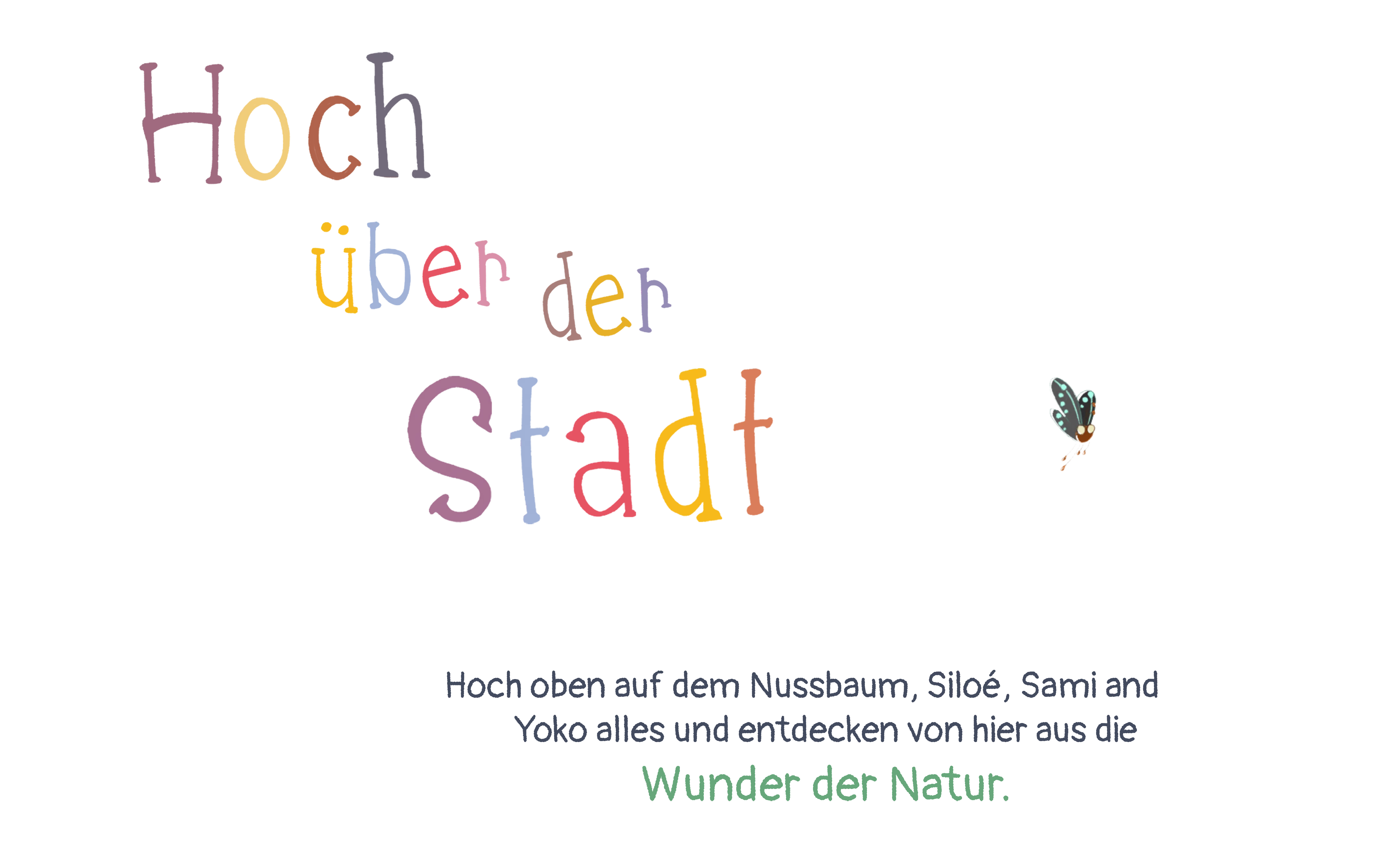 Titel Hoch über der Stadt und Beschreibung der Freunde auf dem Nussbaum.