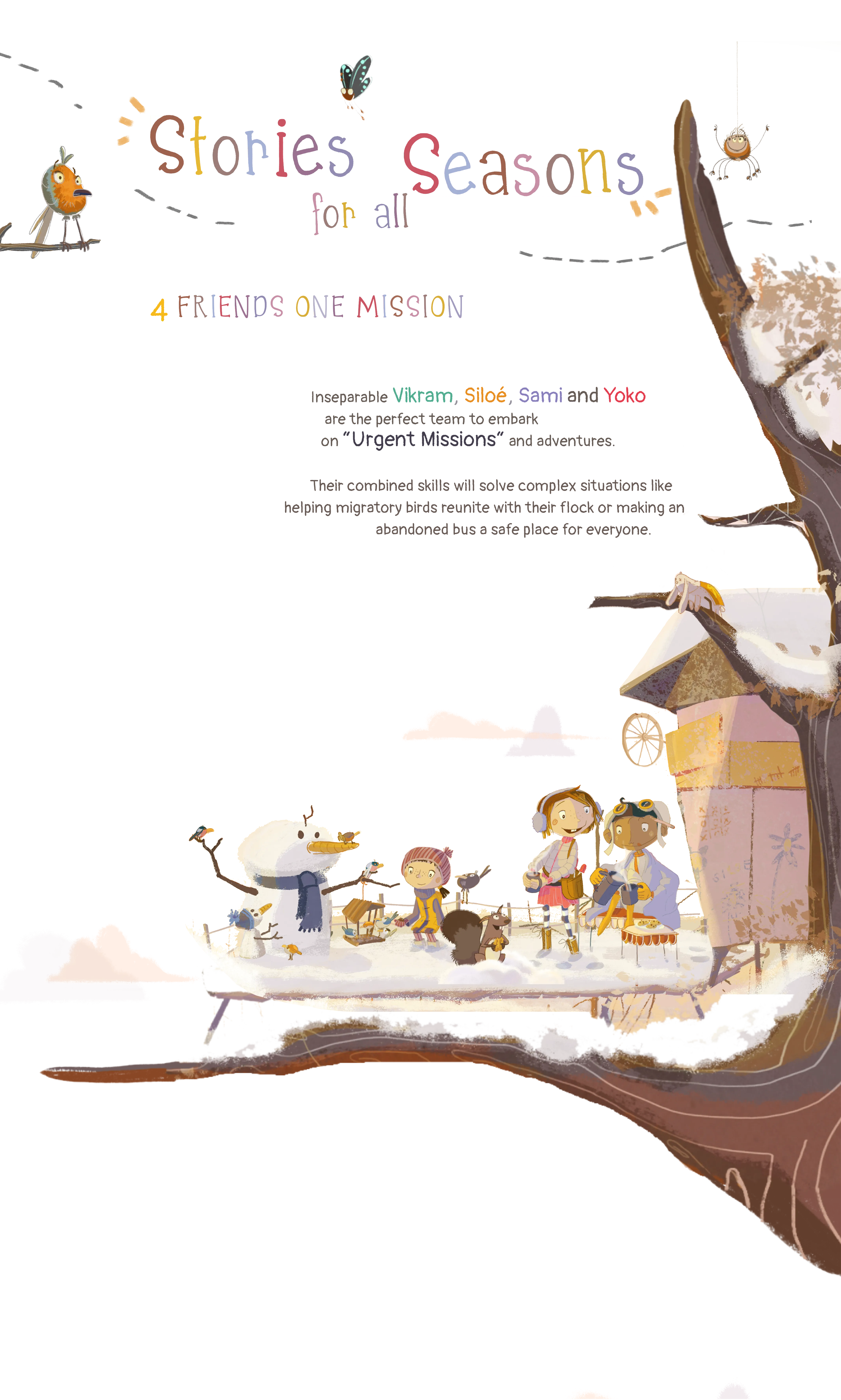 Illustrated Stories for all Seasons title with friends at the winter treehouse.