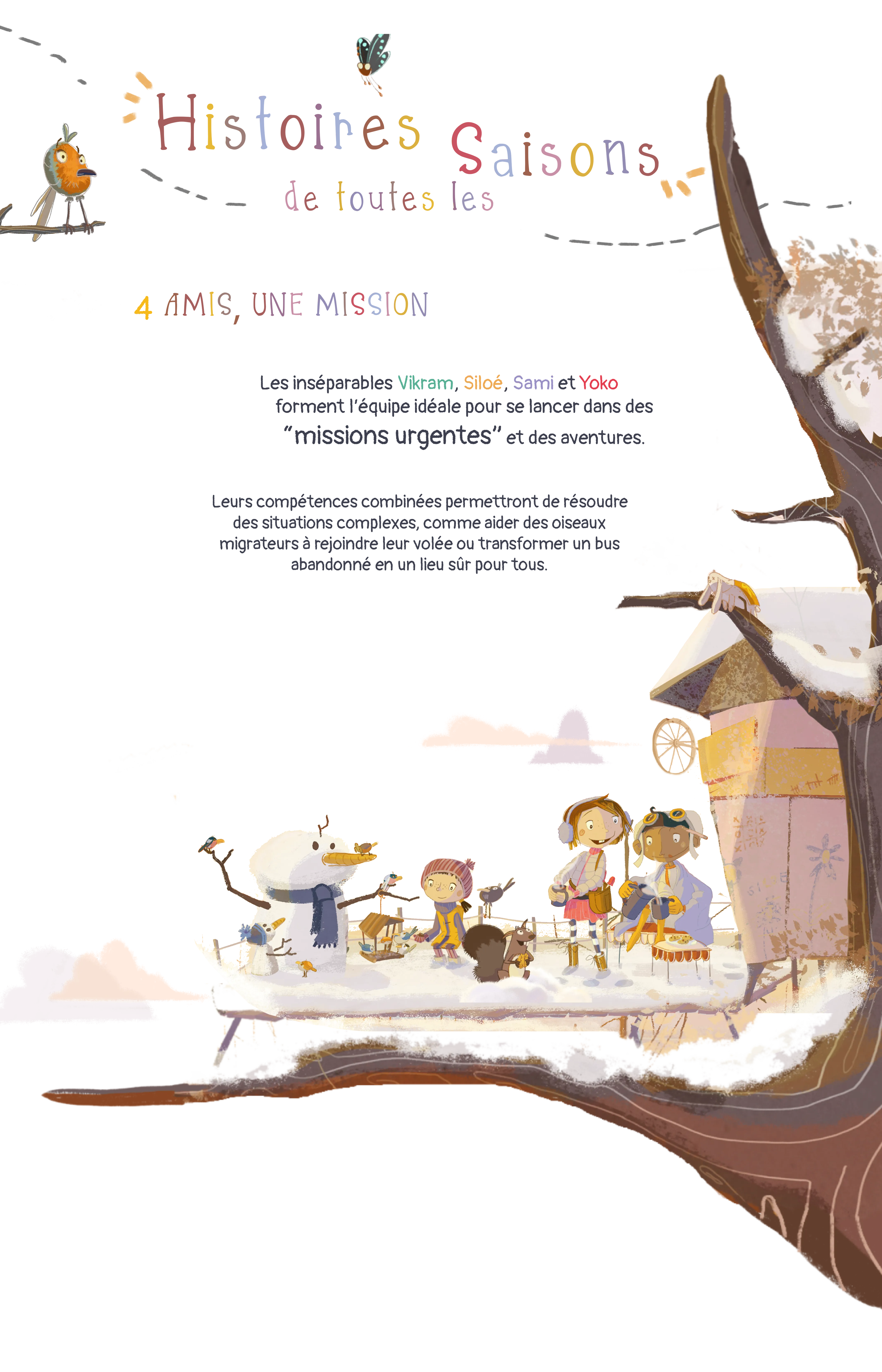 Titre illustré Histoires pour toutes les saisons avec les amis à la cabane en hiver.