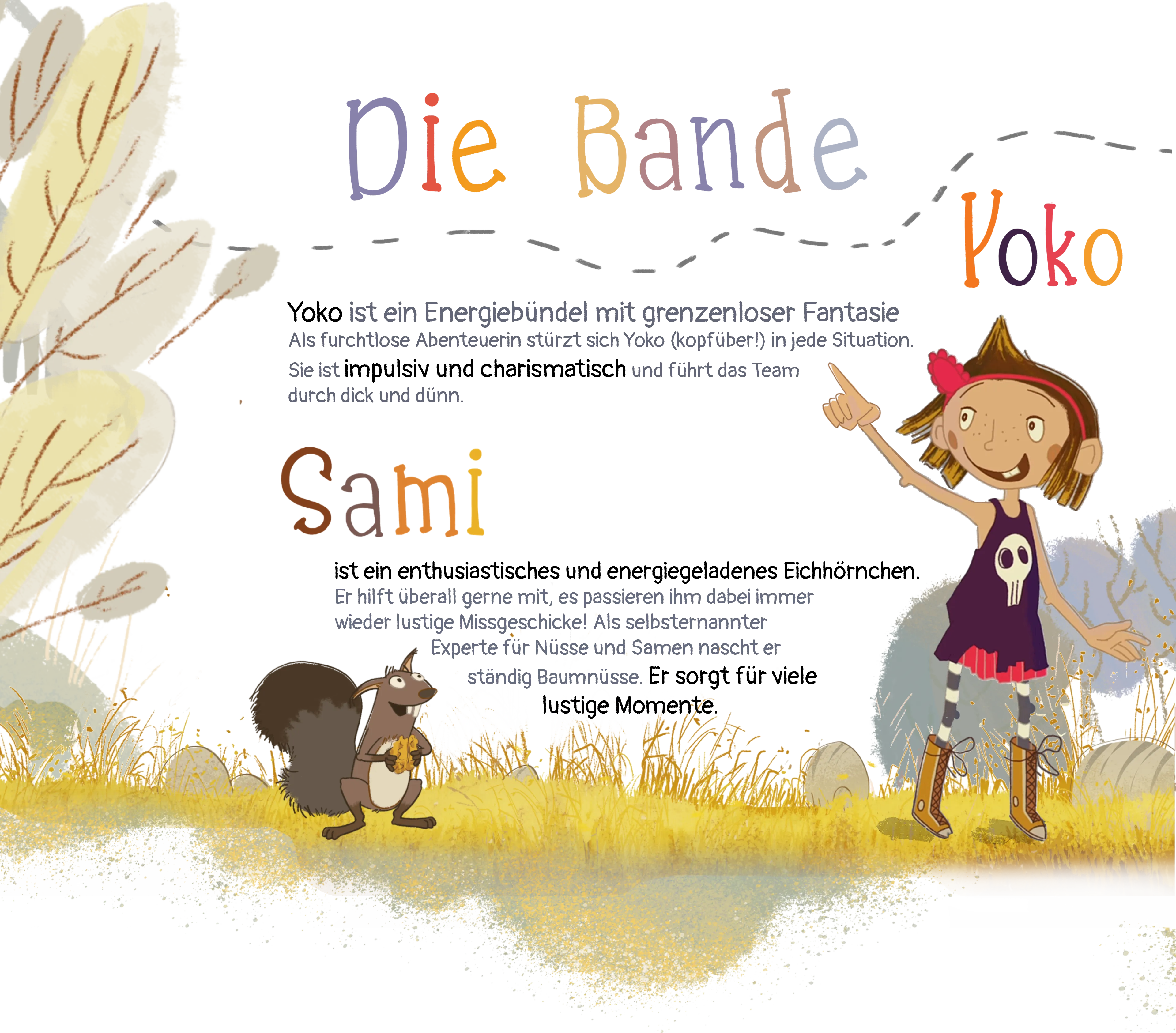 Yoko zeigt nach oben, während das Eichhörnchen Sami Nüsse im Gras hält.