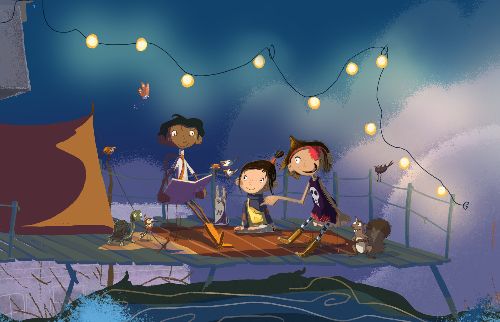 Treehouse Friends: children on a night-time treehouse terrace under string lights.